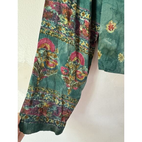 Carole Little Vintage Green Floral Cropped Tasseled Blouse Size 8P - Picture 4 of 8